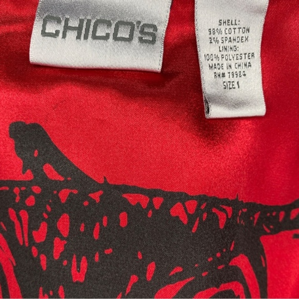 Chico's Animal Print Zip Front Jacket Red Satin Owl Graphic Lining Size 1 Medium - Picture 2 of 8